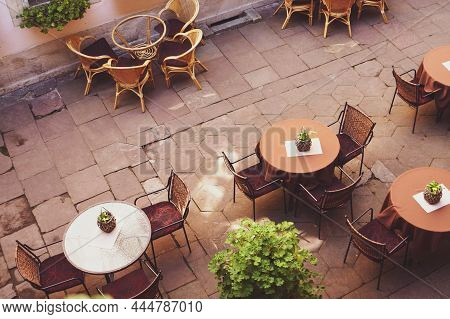 Street Cafe, Little Tables And Stools On The Street.  Restaurant, Cafeteria Top View