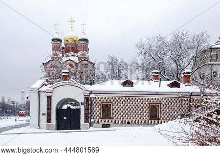 Moscow, Russia , Znamensky Cathedral Of The Former Znamensky Men`s Monastery In The Snow. View From