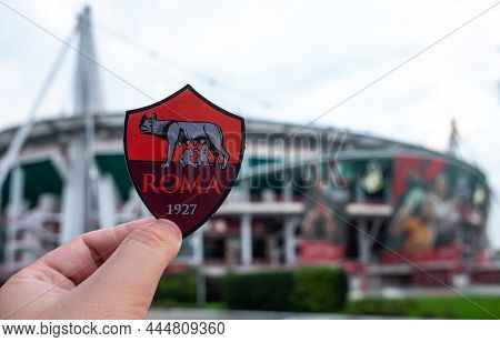 August 30, 2021, Rome, Italy. A.s. Football Club Emblem Roma Against The Backdrop Of A Modern Stadiu