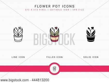 Flower Pot Icons Set Vector Illustration With Solid Icon Line Style. Plant Gardening Agriculture Con