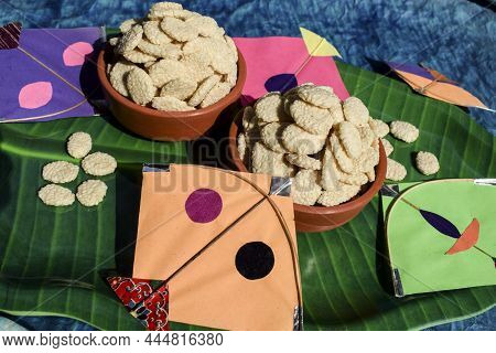 Indian Sweet Item Called Rewri Or Revdi Served And Eaten During Makarsankranti Festival. Rewri Is Ma