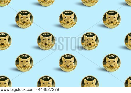 Shiba Inu Or Shib Cryptocurrency Coin Seamless Pattern On Blue Background. Modern Trendy Style