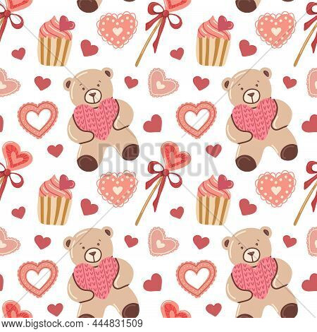 Vector Seamless Pattern With Hearts And Teddy Bear. Andy And Cupcake. Valentines. Symbols Of Valenti