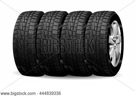 Winter Tire. Winter Car Wheel Isolated Vector Set. Snow Rubber For Truck, Bus Vehicle,fast Professio