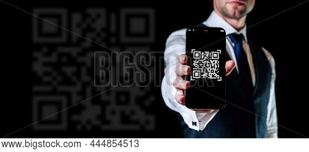 Qr Code Technology. Mobile Smartphone Screen For Payment, Online Pay, Scan Barcode With Qr Code Scan