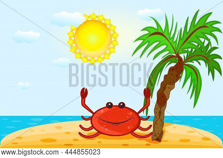 Red Crab On Beach. Summer Seashore With Cute Smiling Crab, Island, Palm, Sea And Sunny Sky. Landscap