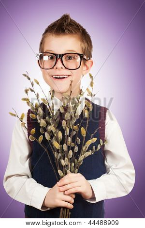 bespectacled boy in a hurry for a date with a bunch of willow