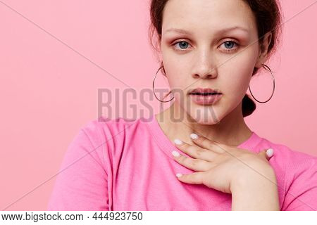 Stylish Teenager Girl Model In A Pink T-shirt Youth Fashion Isolated Background Unaltered