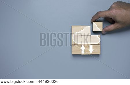 ็hand Holding Wooden Cube Block To Assemble Cloud Computing , Cloud Technology Use For Storage And S