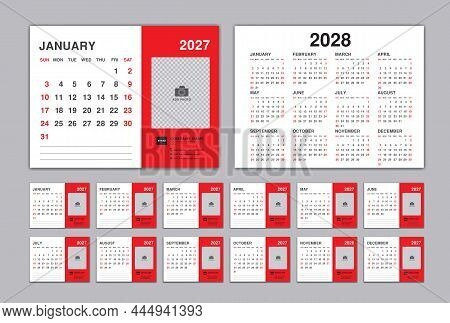 Calendar 2027 template, Desk Calendar planner 2027 and Set of 12 Months and calendar 2028 design, Wall calendar 2027 vector, Corporate design planner template, organization, printing, red background