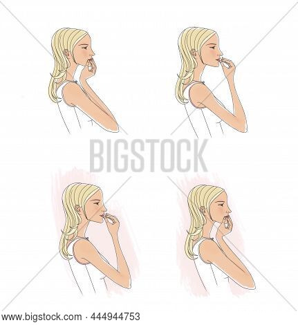 Self-massage And Improvement Of Microcirculation. Lymphatic Drainage Of The Face. The Girl Taps Her 