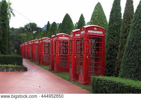 A Range Of Traditional English Red Public Telephone Booths As A Landmark And A Place To Photograph T