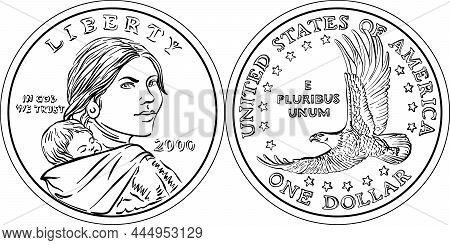 American Money Sacagawea Dollar, Black And White, Sacagawea On Obverse, Flying Eagle On Reverse