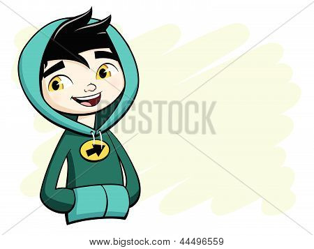 Cool boy posando en camiseta con capucha verde
