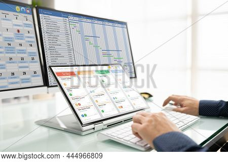 Kanban Project Management Software On Laptop. Digital Calendar Schedule