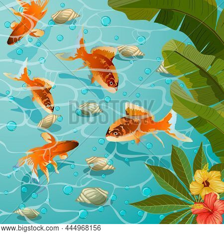 Palm Leaves And Fish In The Water.colored Vector Illustration With Palm Leaves And Flowers Over Gold