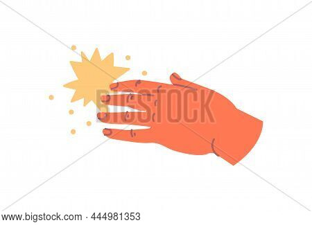 Hand With Object Concept. Minimalistic Sticker With Gentle Female Palm Touching Yellow Star. Design 