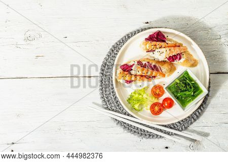 Open Sandwiches With Boiled Shrimps, Cream Cheese, Salad Leaves, And Chuka Salad. Seafood