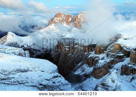 Winter alpine landscape in the Dolomites, Sella Group, Italy, Europe