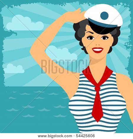 Card with beautiful pin up sailor girl 1950s style.