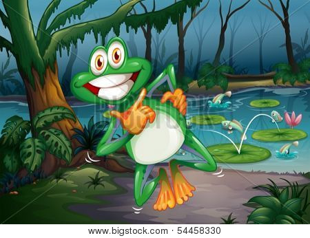 Illustration of a forest with a playful frog and fishes at the pond