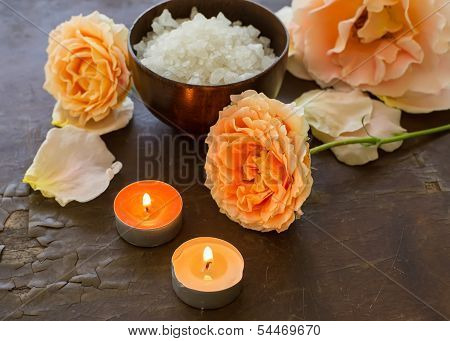 Spa Concept. Sea Salt And Flowers.