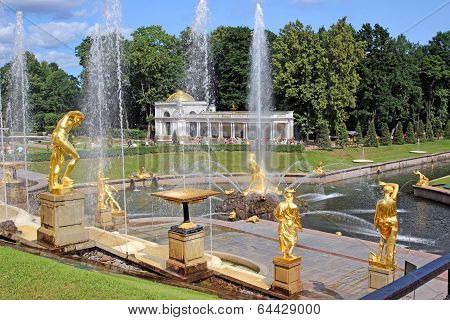 Fountain With A Figure Of Samson And The Lion In St. Petersburg, Russia