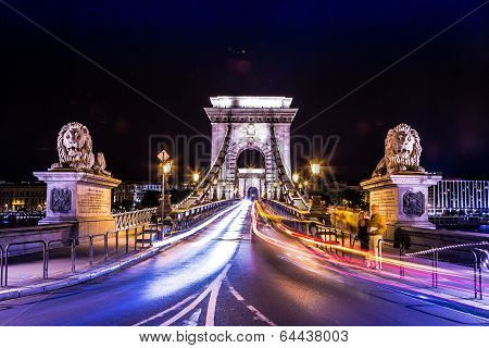 City Of Budapest In Hungary Night Urban Scenery, Street On The Szechenyi Chain Bridge