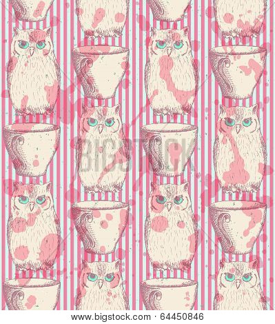 Sketch Owl And Cup, Vector Vintage Seamless Pattern