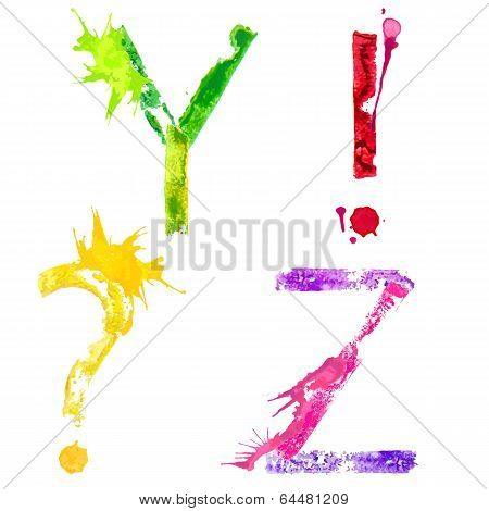 Vector paint splash font Y,Z and punctuation marks