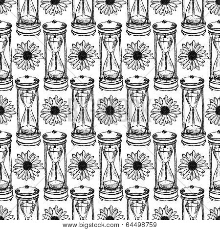 Sketch Sand Clock, Vector Vintage Seamless Pattern