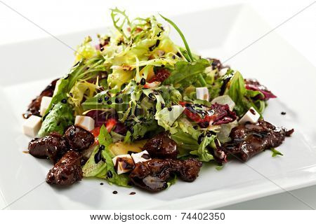 Japanese Cuisine - Gyuniku Sarada. Lettuce. Strawberry with Pineapple and Beef and Tofu Cheese