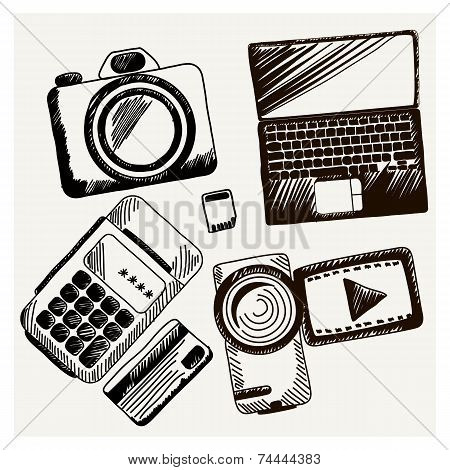 Sheet of paper with camera laptop cash mashines