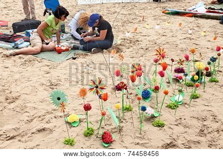 Flowerbed Of Paper Flower On The Beach