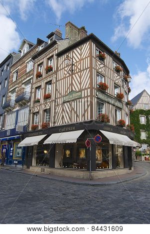 Exterior of the historical buildings in Honfleur, France.