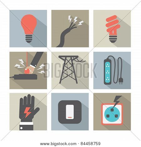 Flat Design Electricity Power Icons Set.