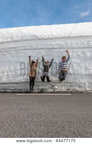 Highway Along The Snow Wall. Norway In Spring