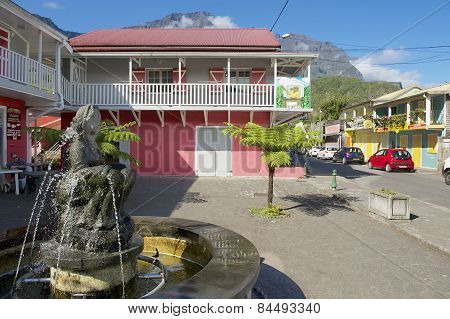 Exterior of the colorful buildings at the town of Fond de Rond Point in Saint-Denis De La Reunion.