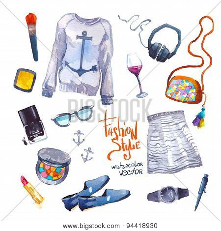 Set of trendy look. Watercolor clothes