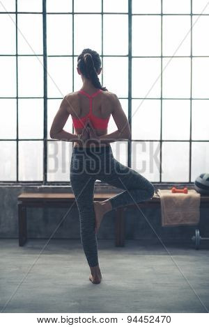 Rear View Of Woman Doing Yoga Tree Pose With Hands Behind Back