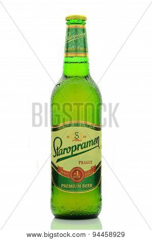 Staropramen premium beer isolated on white background