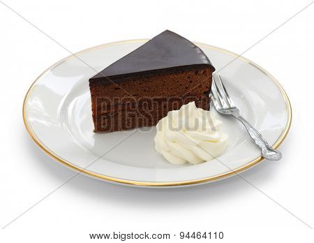 homemade sachertorte, Austrian chocolate cake isolated on white background