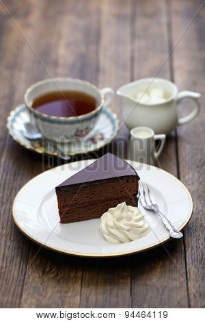 homemade sachertorte, Austrian chocolate cake and tea
