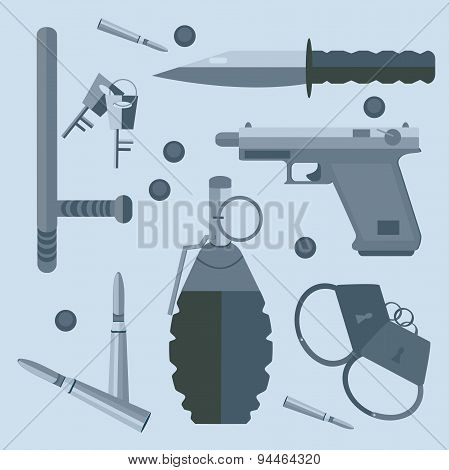 Gun baton bullets handcuffs keys