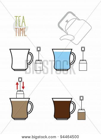 Instruction tea. Infographics steps to make tea from the bag. Vector illustration.