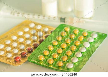 Birth control pill Injection Medication and Injection devices made vintage style