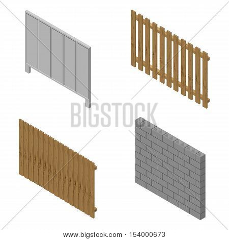 A set of isometric spans fences of various materials. Wood concrete and cinder blocks. Isolated on white background. Elements of buildings and landscape design vector illustration.