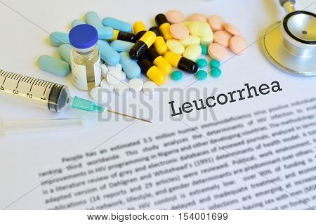 Drugs for leucorrhoea treatment, blurred text medical concept