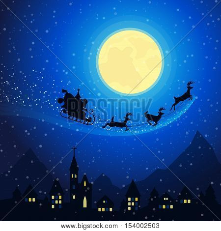 Merry Christmas Town Mountain Landscape with Santa Claus Sleigh with Reindeers Flying on the Moonlight Sky. Winter Holidays Greeting Card. Vector background