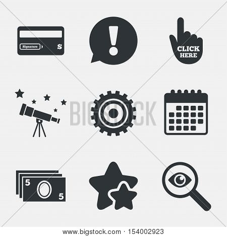 ATM cash machine withdrawal icons. Insert bank card, click here and check PIN, processing and get cash symbols. Attention, investigate and stars icons. Telescope and calendar signs. Vector